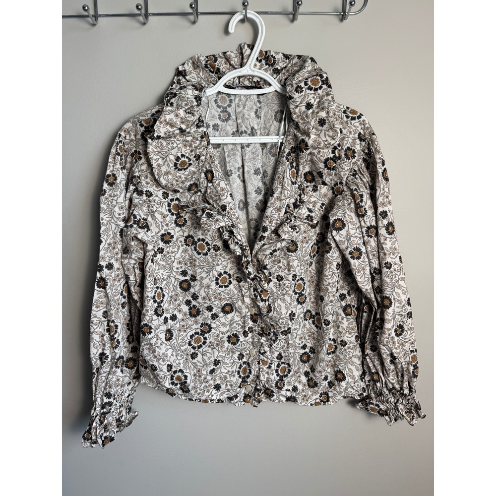 Zara Womens Floral Ruffle Collar Blouse Small Cream Black Boho Prairie Romantic